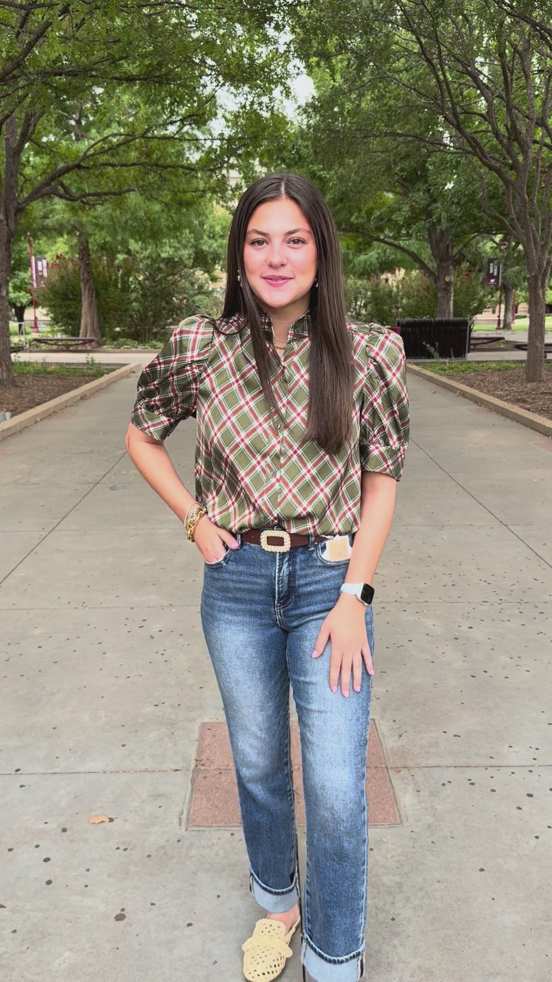 Olive You More Plaid Puff Sleeve Top
