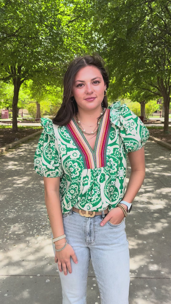 Color Thread V-Neck Green Top