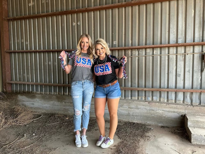 USA in Checkered Box with Glitter Tee by Texas True Threads