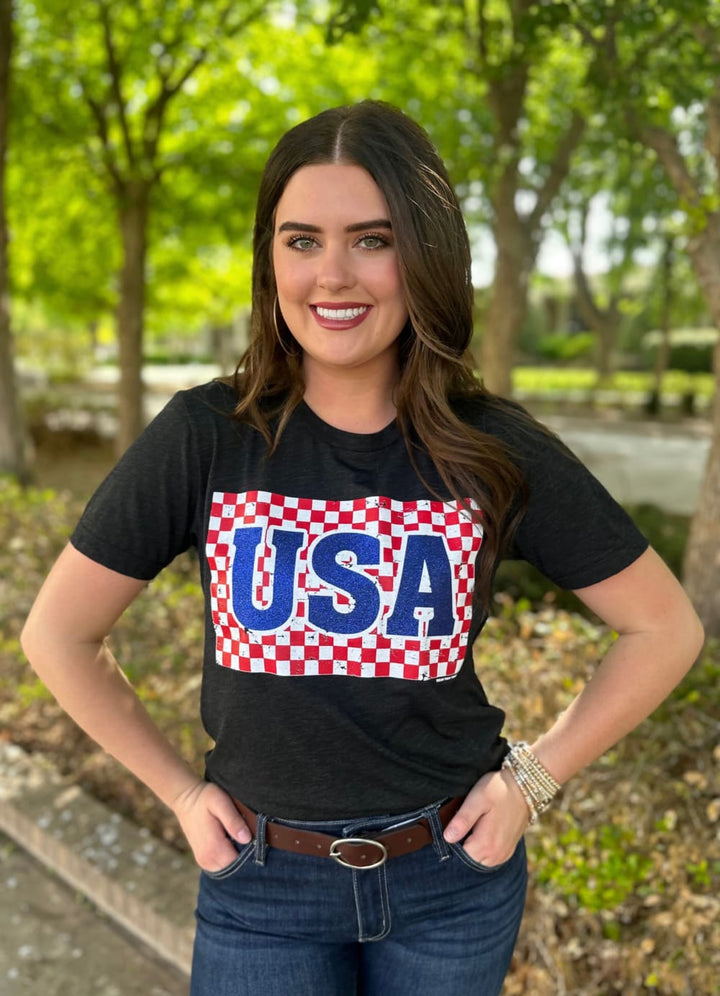 USA in Checkered Box with Glitter Tee by Texas True Threads