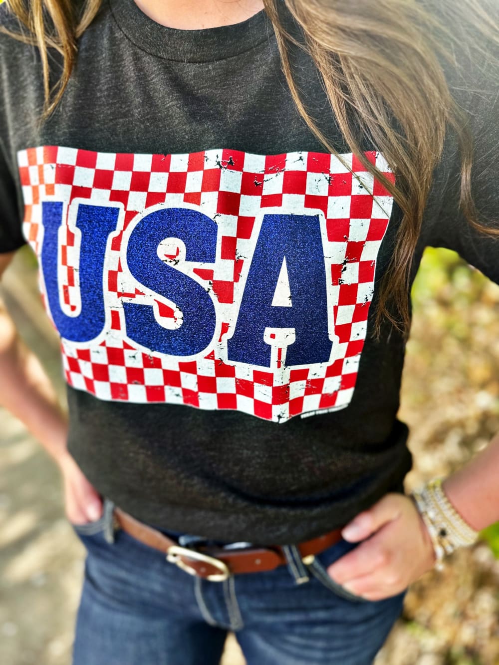 USA in Checkered Box with Glitter Tee by Texas True Threads