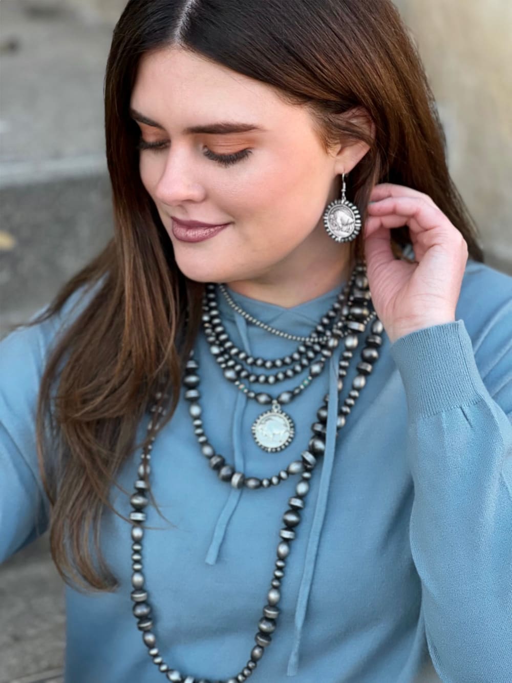 Beaded Buffalo Coin Earrings - Silver - 806 Accessories: