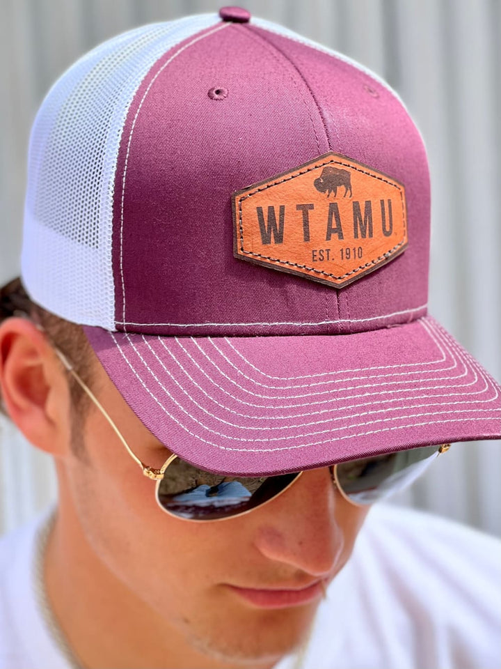 Maroon WTAMU Leather Patch Trucker Cap - hat - WT Fan Gear: 
