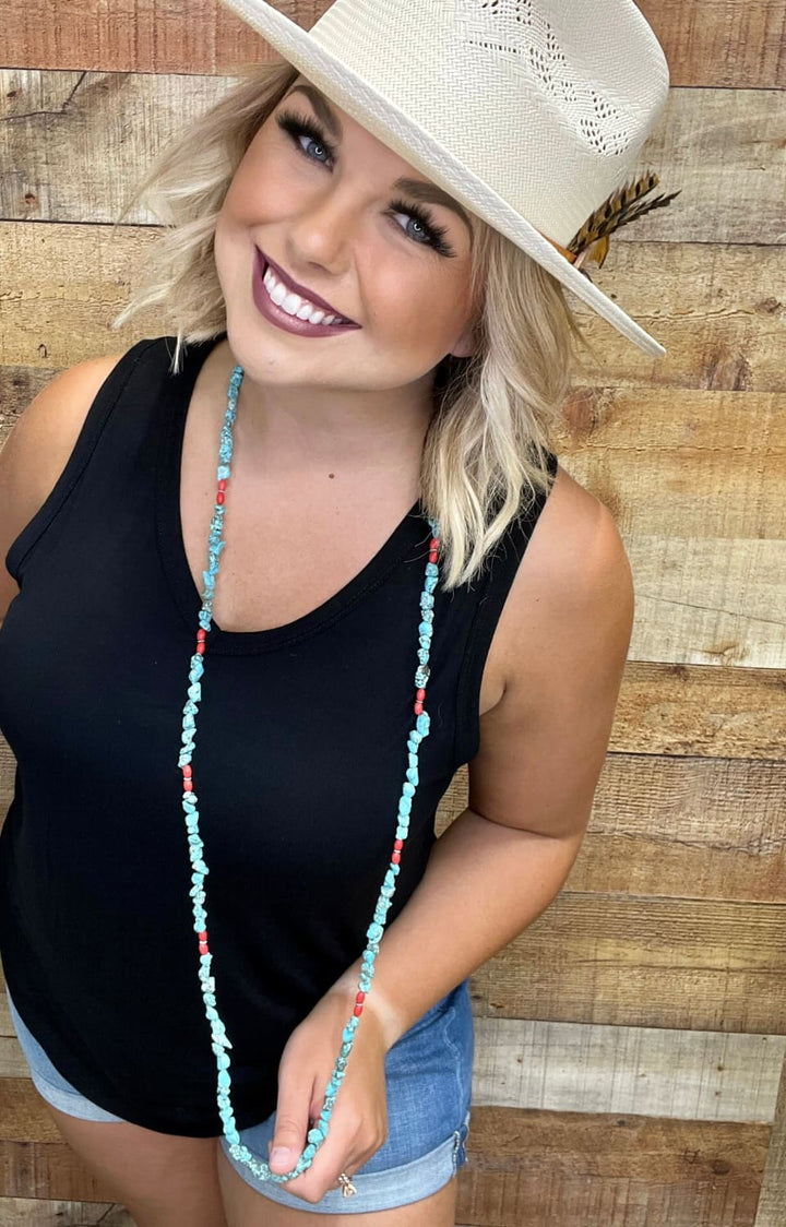 Nocona Turquoise Chip and Red Bead Long Necklace - necklace 