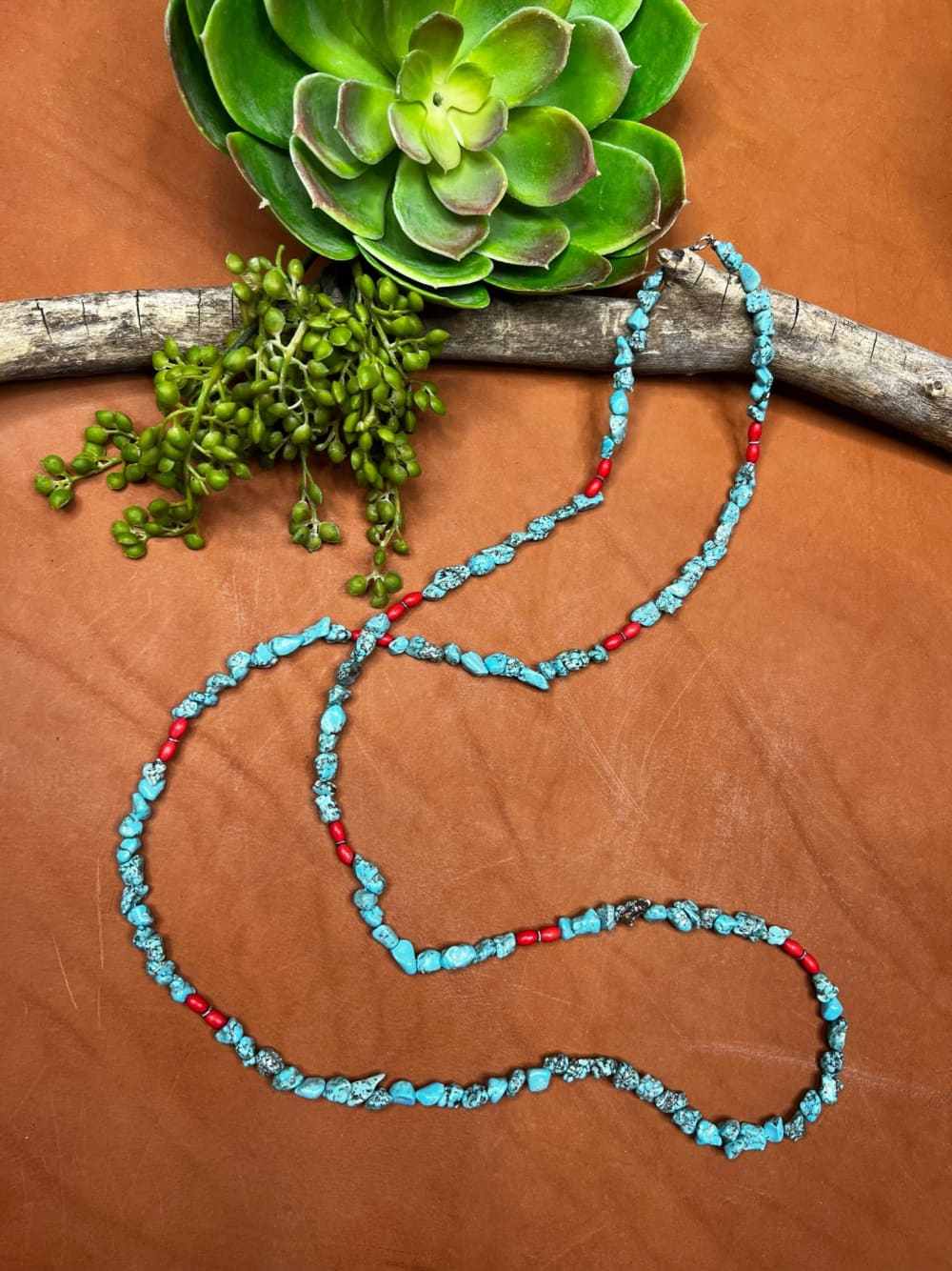 Nocona Turquoise Chip and Red Bead Long Necklace - necklace 