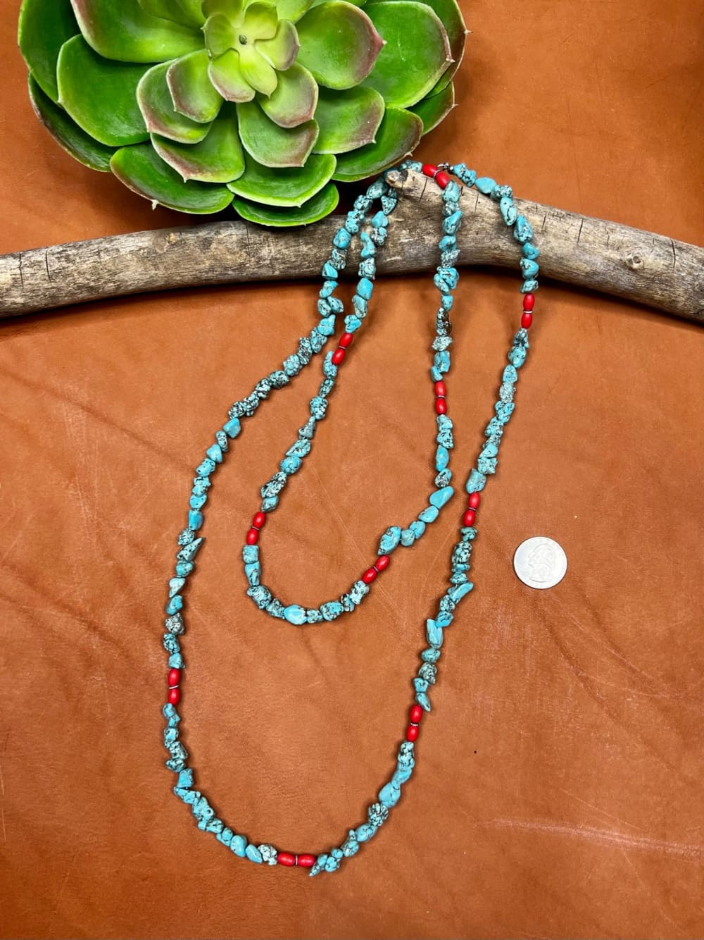 Nocona Turquoise Chip and Red Bead Long Necklace - necklace 