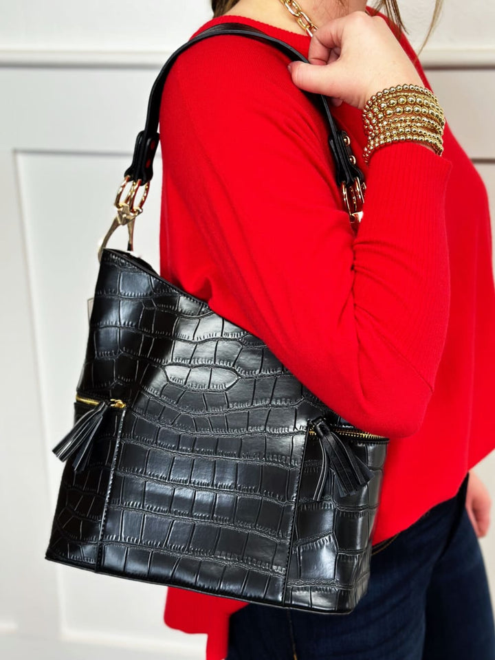 Rochelle Crocodile Print Hobo - Black - handbag - jen & co.: