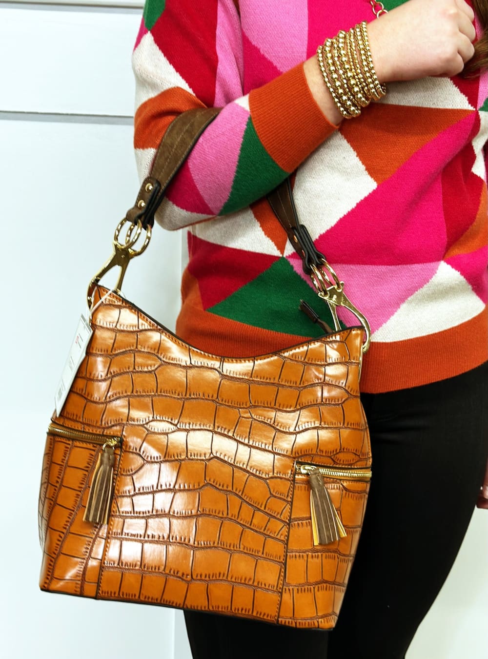 Rochelle Crocodile Print Hobo - Brown - handbag - jen & co.: