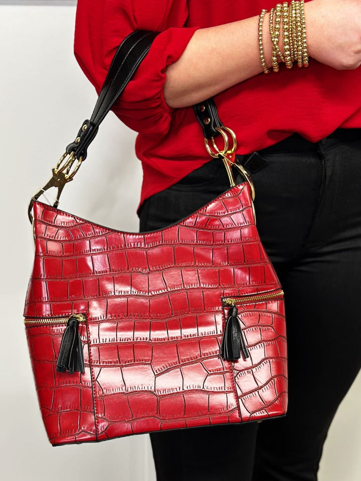 Rochelle Crocodile Print Hobo - Red - handbag - jen & co.: